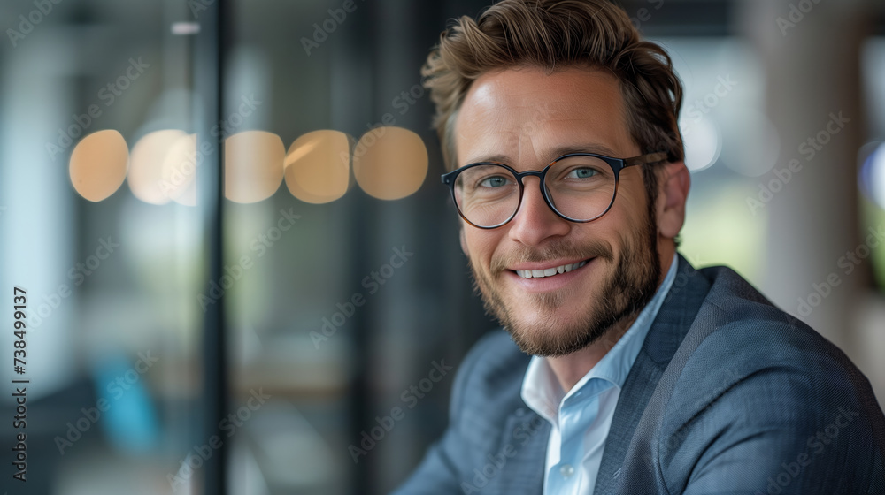Fototapeta premium Portrait of a Businessman with a Confident Smile in Modern Office - Generative AI.