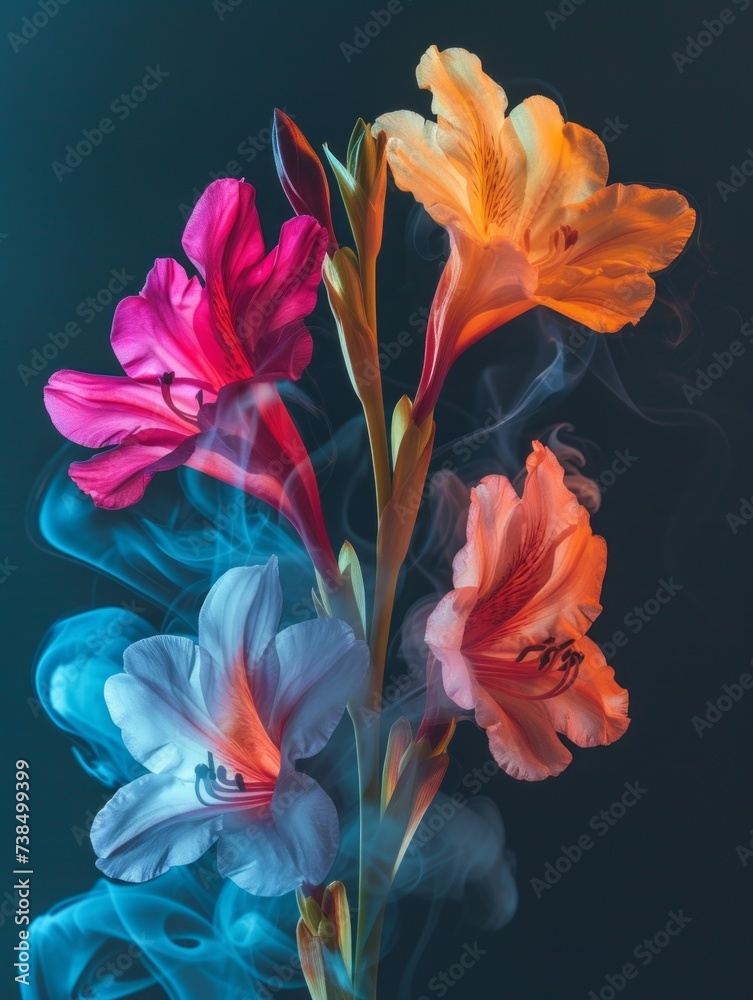 Alstroemeria flowers emanating a mystical vibe with colored smoke