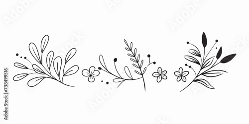 Trendy flowers for decorations. Hand drawn line wedding decoraton, elegant leaves for invitation save the date card. Botanical rustic trendy greenery