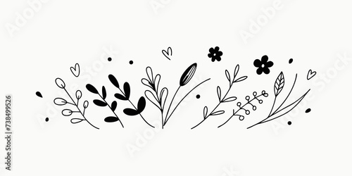 Trendy flowers for decorations. Hand drawn line wedding decoraton, elegant leaves for invitation save the date card. Botanical rustic trendy greenery