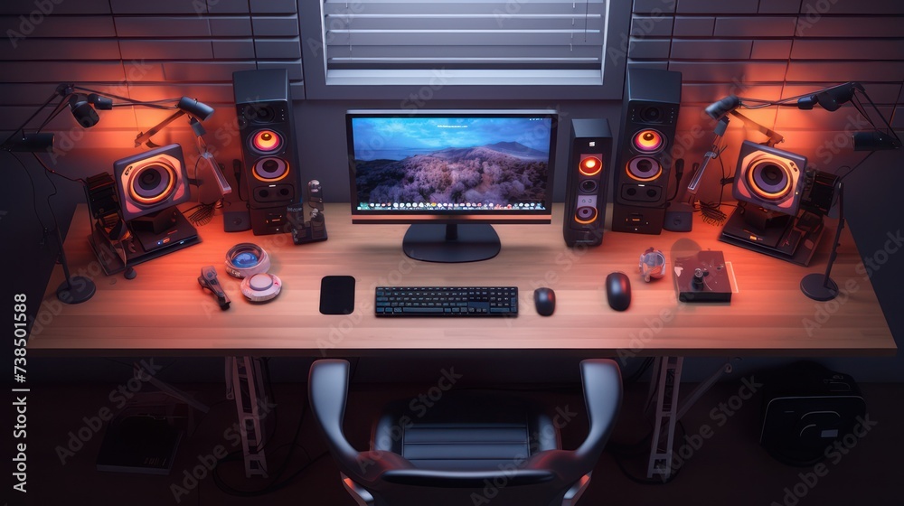 Set up PC computer monitor screen on work desk, seen from above flat lay style, technology background.