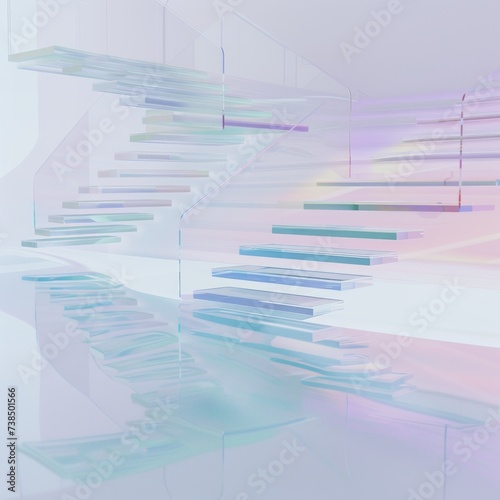A modern staircase scene with a minimalist design in holographic colors