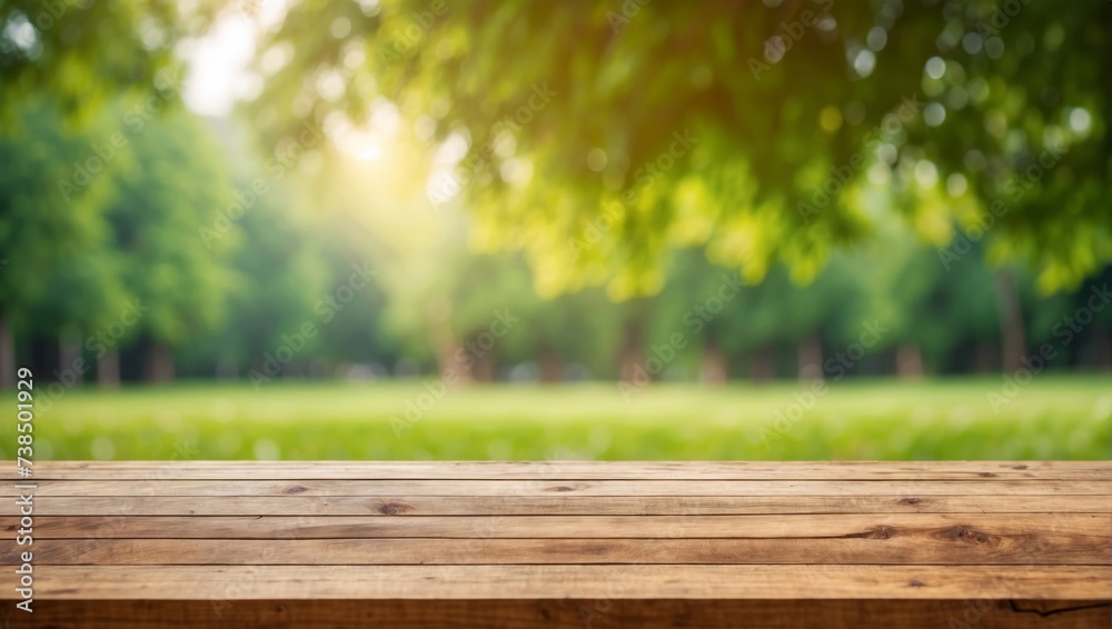 Empty wooden table on blurred nature background, product display montage Empty wooden table on blurred nature background, product display montage