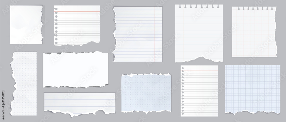 Colored ripped lined paper strips collection. Realistic paper scraps with torn edges. Sticky notes, shreds of notebook pages. Vector illustration.