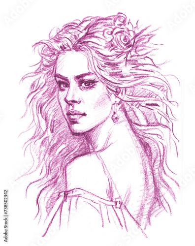 portrait of a woman pencil drawing for card decoration illustration