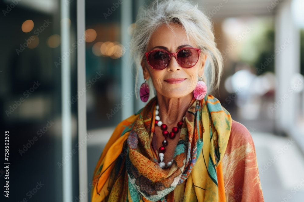 Portrait of a beautiful senior woman in sunglasses and a colorful scarf Portrait of a beautiful senior woman in sunglasses and a colorful scarf