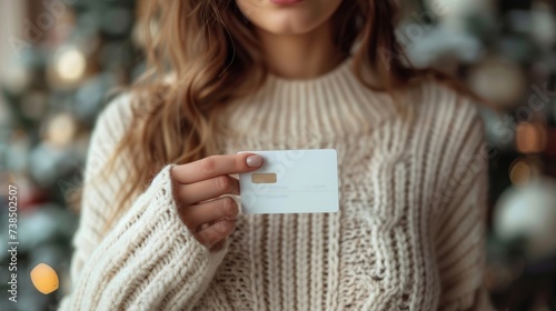 woman holding a blank business card photo