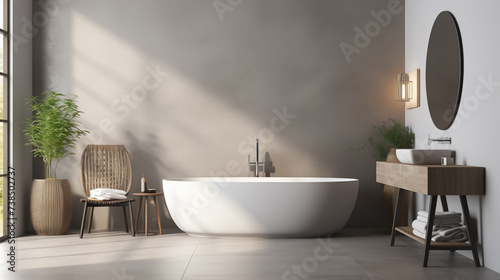 modern contemporary bathroom with gray tiles and grey tub, in the style of white and beige, new contemporary