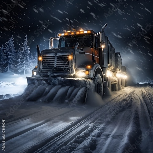 snowplow in action during a winter night, clearing the roads amid falling snow