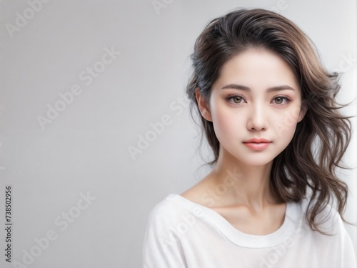 Portrait of a beautiful young Asian woman with clean fresh skin on a gray background © Marpa