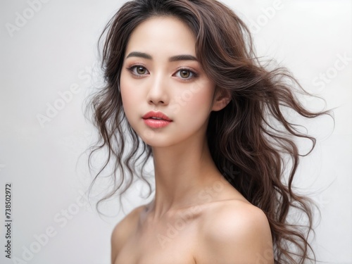 Portrait of a beautiful young Asian woman with clean fresh skin on a gray background