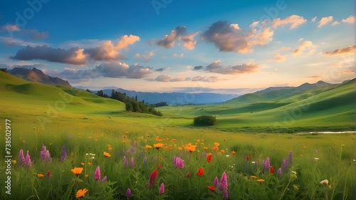 Lush green meadow adorned with vibrant wildflowers