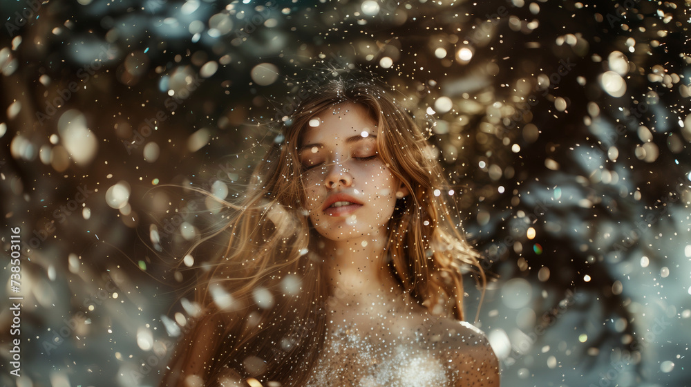 Serene woman with eyes closed amidst sparkling light