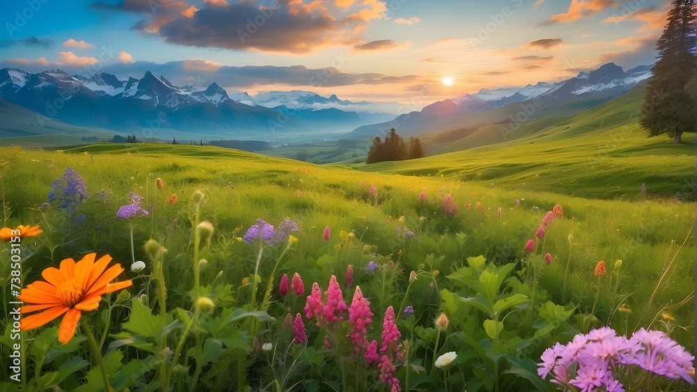 meadow with flowers and mountains, Lush green meadow adorned with vibrant wildflowers