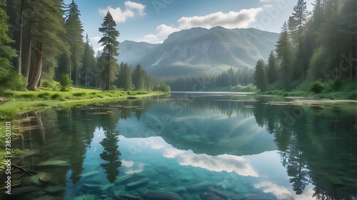Tranquil forest reflecting in a crystal clear lake