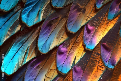 Close-up of butterfly wing scales, microscopic view, iridescent colors, detailed patterns, stock photo style. photo
