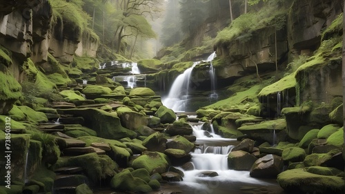 waterfall in the forest, Cascading waterfall surrounded by moss covered rocks