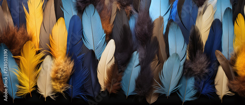 Feathers of various birds texture background.