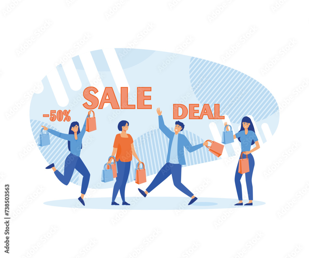 People with Shopping Bags and Gifts. Happy men and women get discount prices. flat vector modern illustration People with Shopping Bags and Gifts. Happy men and women get discount prices. flat vector modern illustration