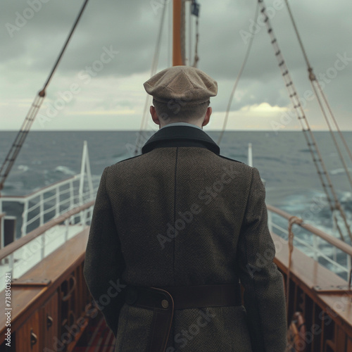 Emigrant on ship deck. 20 century emigrant man from history attire on a ship, at sea, looking forward.  photo