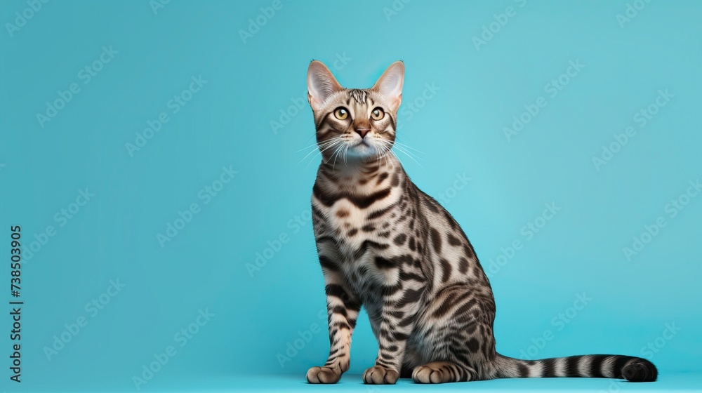 Bengal cat on a one color background, copy space, realistic - generative ai