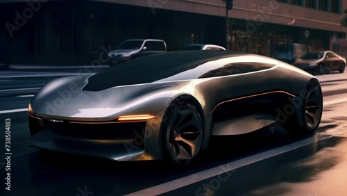 A sleek black and silver selfdriving car soaring along a city street a testament to a future of smart mobility. . . photo