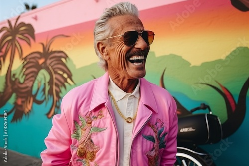 Portrait of a happy senior man in a pink jacket and sunglasses
