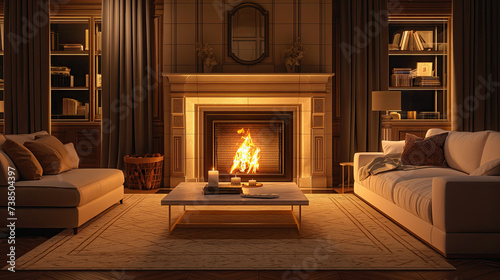 Luxury living room in style of the New England Eclectic with fireplace at nighttime. Concept of the Quite Luxury © mikhailberkut