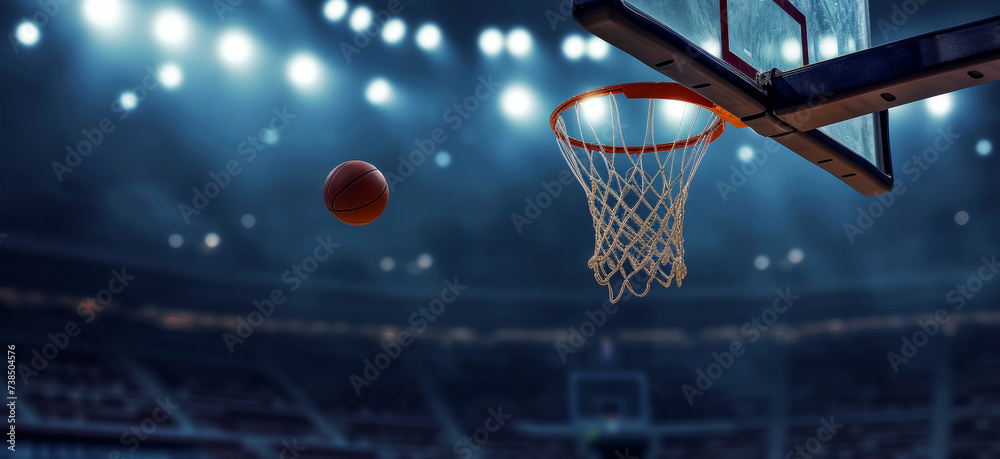 A basketball ball flies fast into a basketball basket. Sport game banner