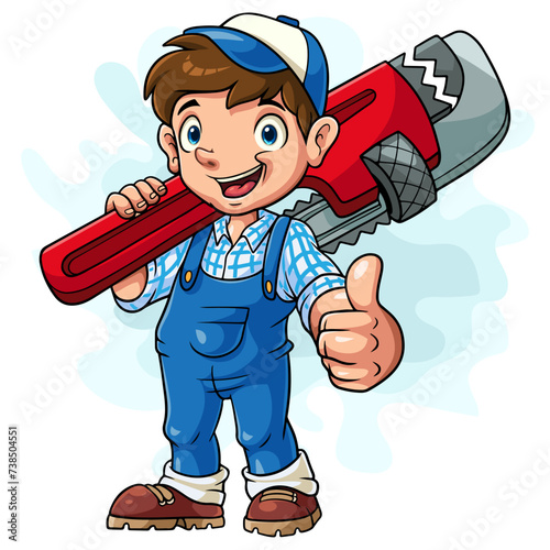 Cartoon kid plumber holding a big key and giving thumb