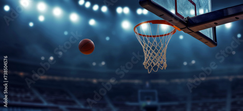 A basketball ball flies fast into a basketball basket. Sport game banner
