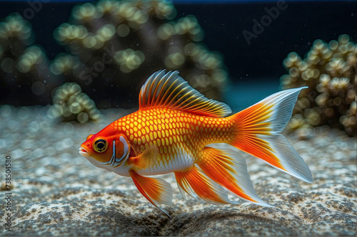 glow vibrant color gold fish swim in the underwater