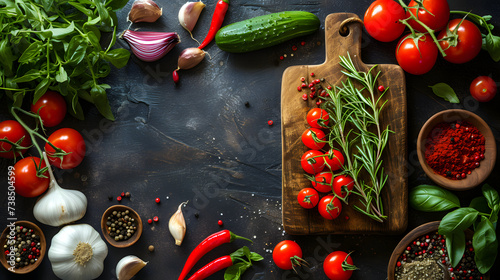 A wooden cutting board surrounded by various vegetables and spices on a dark wooden background.
