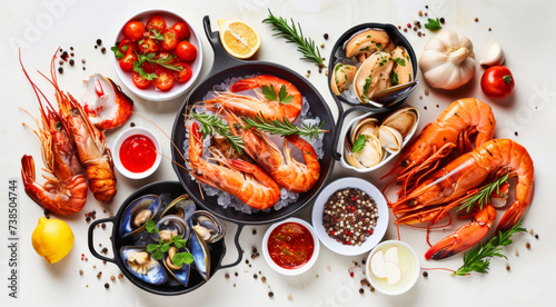 Set of many Seafood dishes with lobster and shrimp on white background. Top view