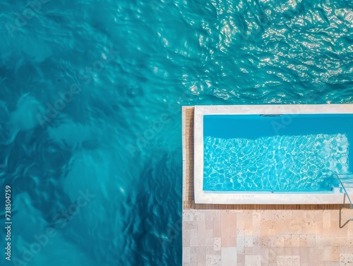 Aerial view of a swimming pool beside the ocean.