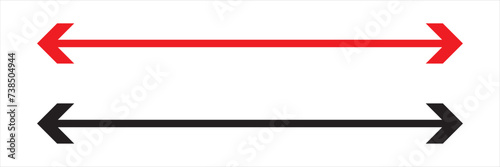 Long straight arrow icons. Black and red horizontal pointer, direction, transfer, position or location and width signs isolated on white background. Vector graphic illustration. 