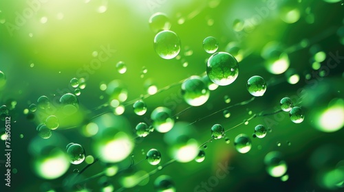 Close-up captures bright green water droplets suspended in the air, creating a bokeh effect. Ai Generated.