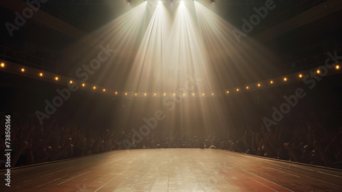 Empty stage with spotlighs shining down looking out towards the audience watching and reacting
