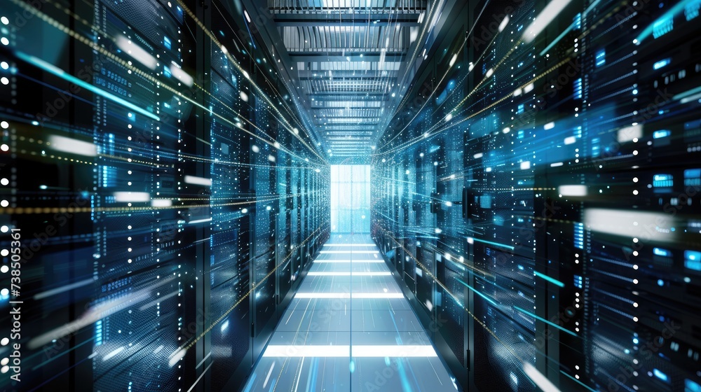 Obraz premium Experience the power hub of technology in a bustling data center corridor, Ai Generated.