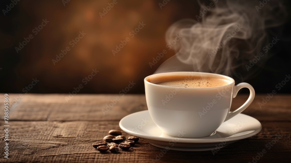 Steamy Coffee Cup on Saucer Tempts with Aroma, Ai Generated Steamy Coffee Cup on Saucer Tempts with Aroma, Ai Generated
