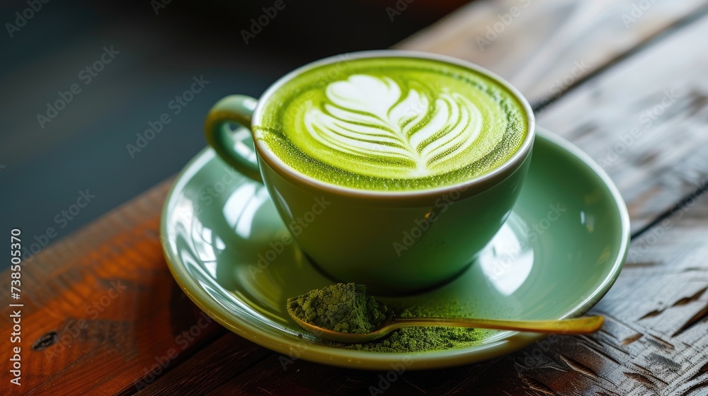 Saucer hosts Green Matcha Tea Latte Cup, Refreshing Twist. Ai Generated Saucer hosts Green Matcha Tea Latte Cup, Refreshing Twist. Ai Generated