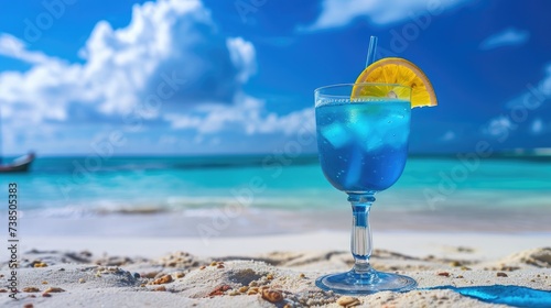 Blue cocktail stands in beach sand, a refreshing sight, Ai Generated.