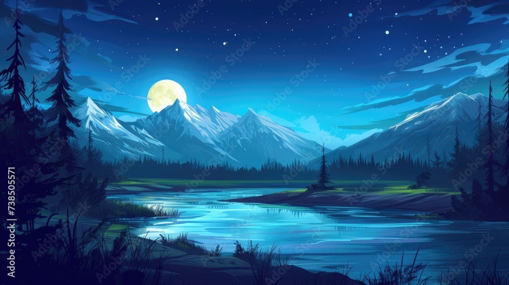 Fototapeta premium Night unveils a countryside, where a mountain river glows beneath a starry sky, Ai Generated.