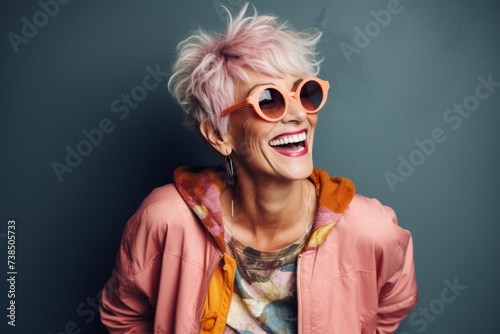 Portrait of a smiling hipster woman with pink hair wearing sunglasses
