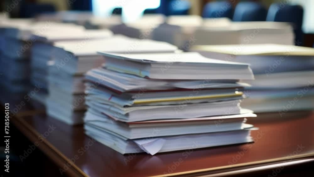 Thick folders of evidence are stacked neatly on a desk awaiting a judges review before a verdict is delivered. Thick folders of evidence are stacked neatly on a desk awaiting a judges review before a verdict is delivered.