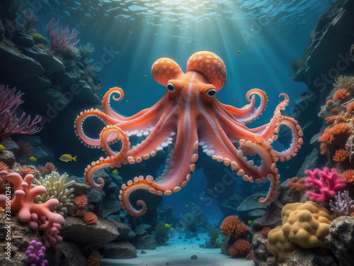 glow vibrant octopus swim in the underwater