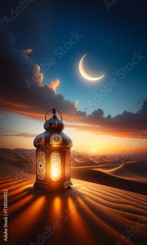 Eid mubarak background with sunset in the desert with crescent moon and lantern.