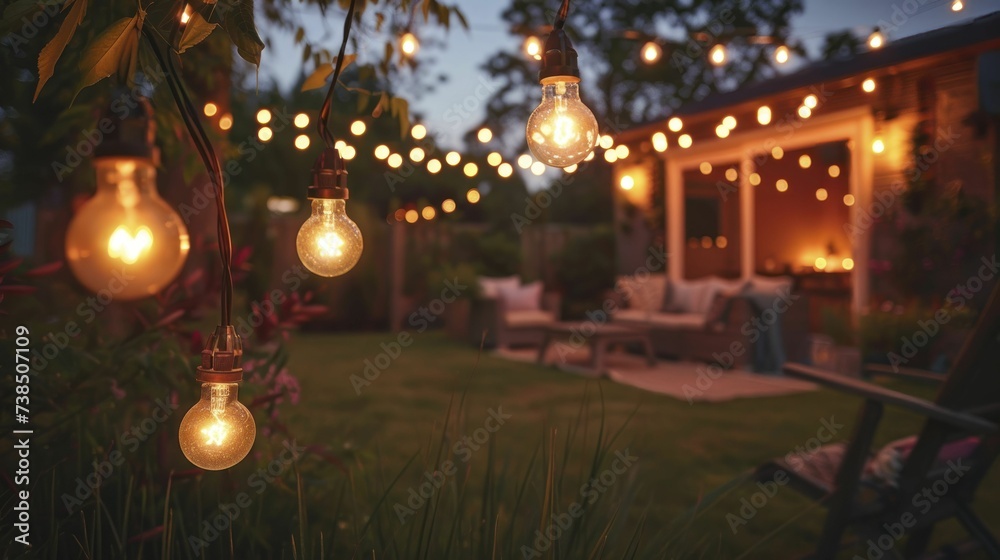 Cozy backyard home garden, string lights, outdoor seating area, evening tranquility