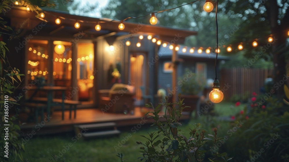 Inviting backyard garden, adorned with string lights, furnished with seats, embodying nighttime calm