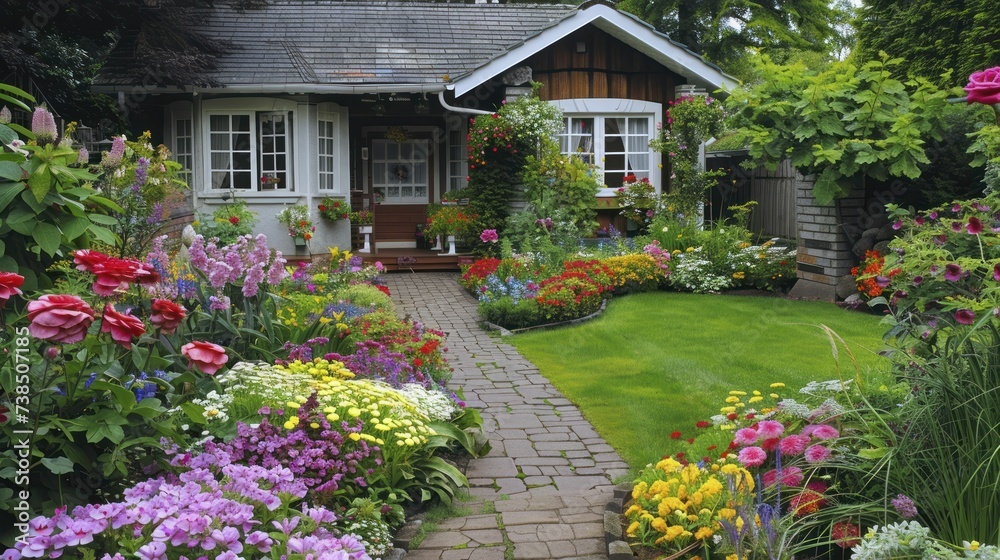 Quaint English garden, brimming with a variety of vibrant flowers and lush vegetation Quaint English garden, brimming with a variety of vibrant flowers and lush vegetation